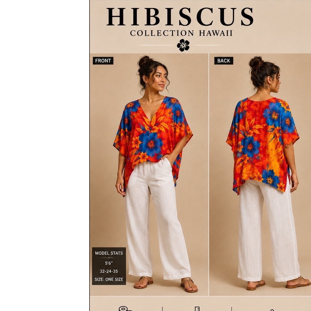 Hibiscus Collection Hawaii Rayon Poncho Cover Up One Size Ocean Floral Red Blue